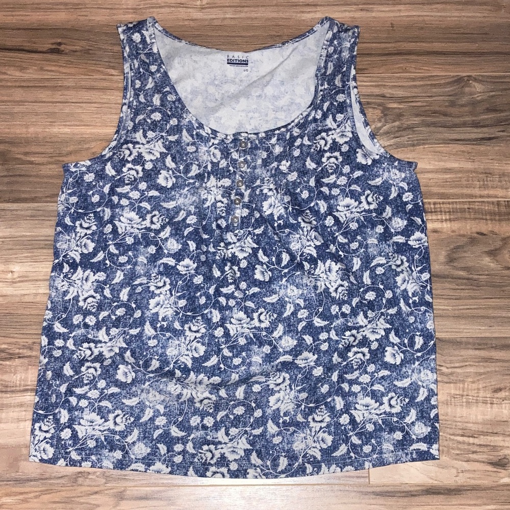 #62. Basic Editions - Navy and White Floral Scoop Neck Tank